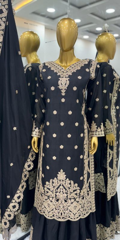 Aglow Black Color Pure Chinnon Silk Embroidery Salwar Suit