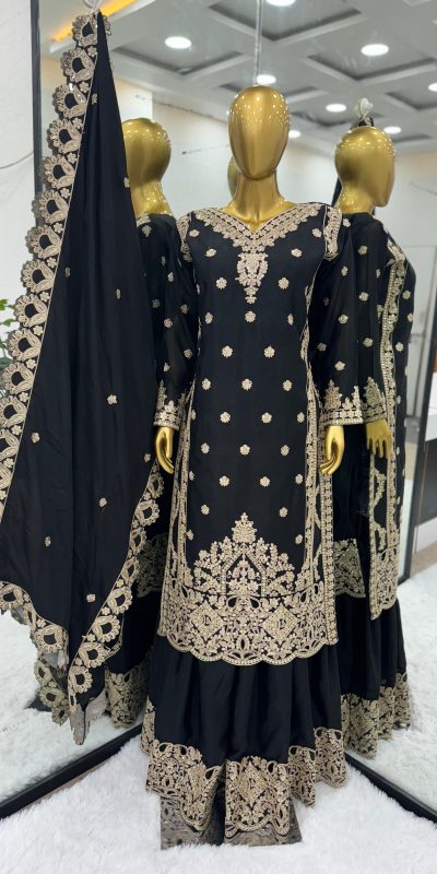 Aglow Black Color Pure Chinnon Silk Embroidery Salwar Suit