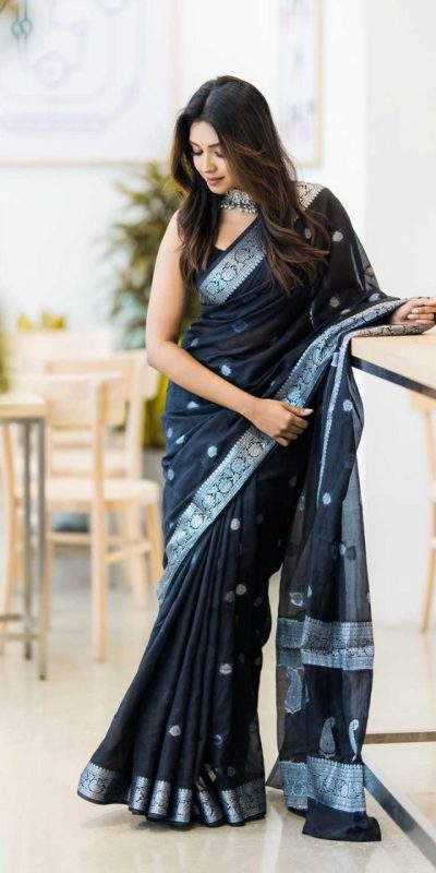 Aglow Black Color Soft Lichi Silk Ordinary Design Rich Pallu Saree