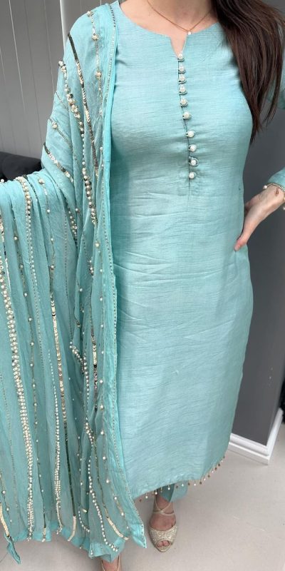 Aglow Blue Chinnon Silk Embroidery Coding Dori Salwar Suit