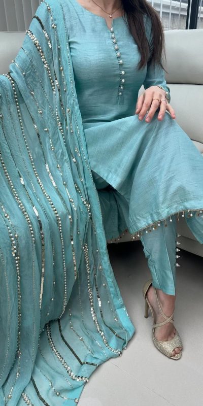 Aglow Blue Chinnon Silk Embroidery Coding Dori Salwar Suit