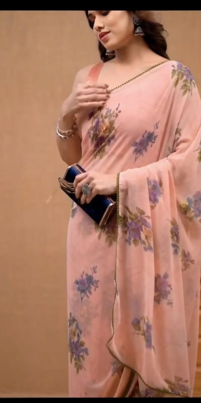 Aglow Peach Color Pure Soft Georgette Silk Design All Over Saree