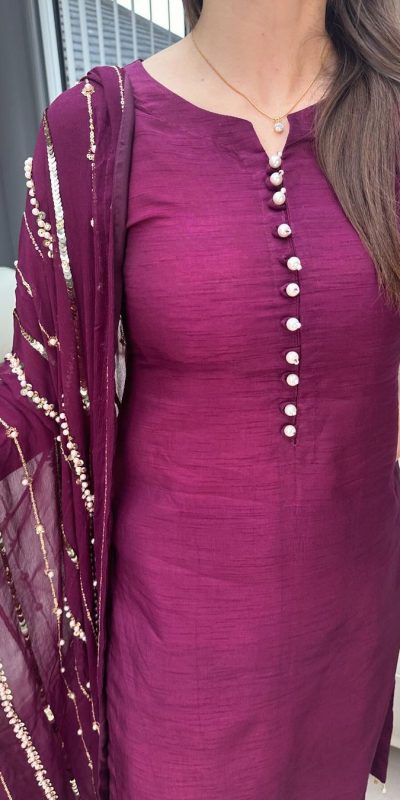 Aglow Purple Chinnon Silk Embroidery Coding Dori Salwar Suit
