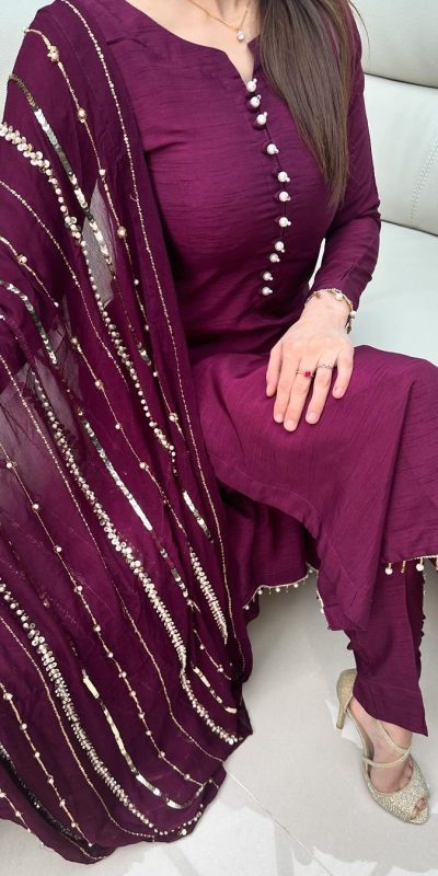 Aglow Purple Chinnon Silk Embroidery Coding Dori Salwar Suit