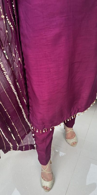Aglow Purple Chinnon Silk Embroidery Coding Dori Salwar Suit