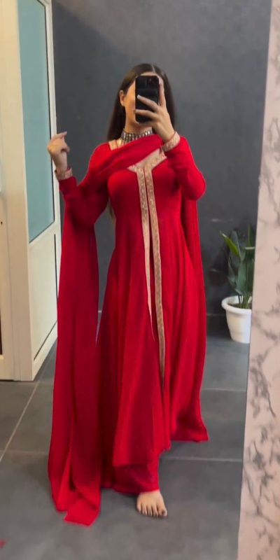 Aglow Red Color Georgette Embroidery Sequence Salwar Suit