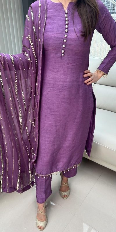 Aglow Violet Chinnon Silk Embroidery Coding Dori Salwar Suit