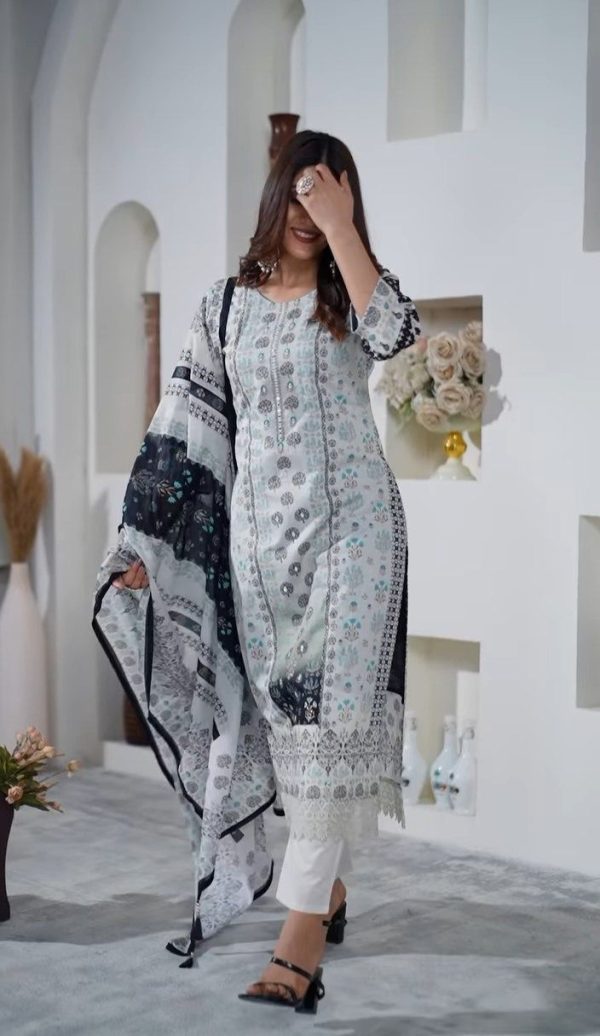 Aglow White Color Maslin Digital Printed Hand Work Salwar Suit