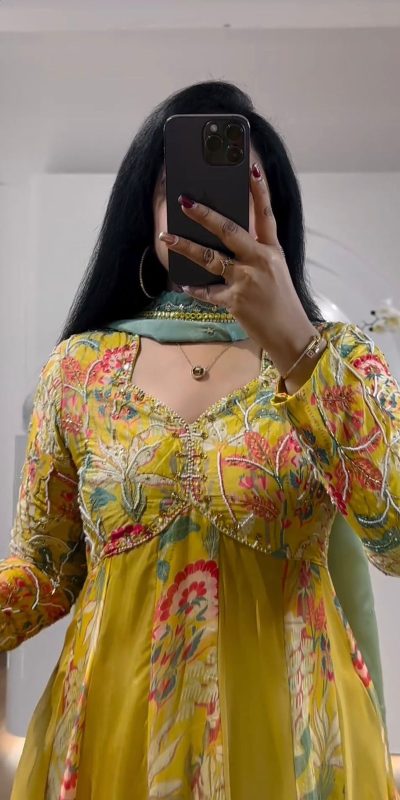 Aglow Yellow Color Muslin Digital Printed Hand Work Salwar Suit