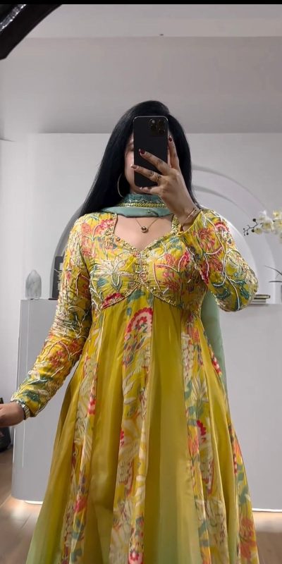 Aglow Yellow Color Muslin Digital Printed Hand Work Salwar Suit