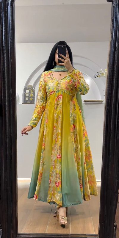 Aglow Yellow Color Muslin Digital Printed Hand Work Salwar Suit