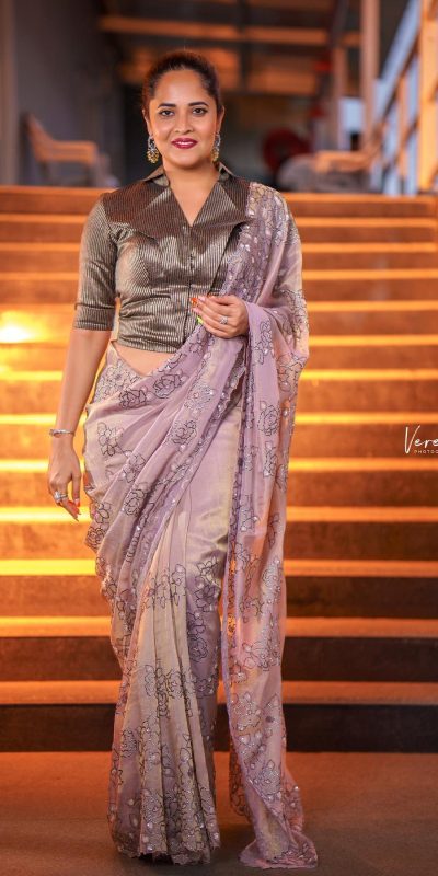 Anasuya Bharadwaj Purple Color Organza Silk Embroidery Thread Saree