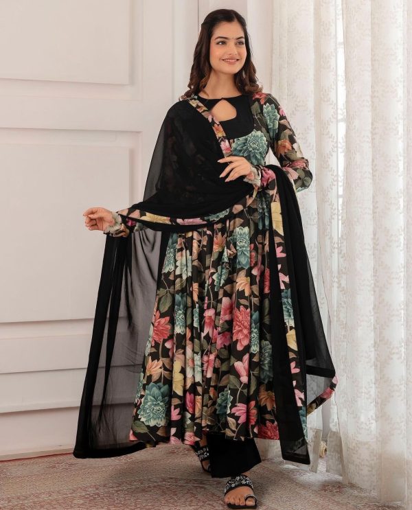 Beautiful Black Color Chant Crepe Digital Printed Work Gown