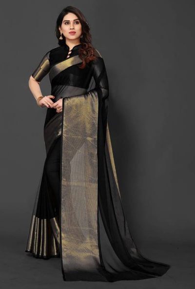 Beautiful Black Color Chiffon Running Chiffon Blouse Work Saree