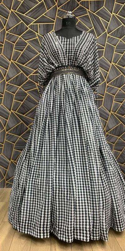 Beautiful Black Color Georgette Digital Printed Hand Khatli Gown