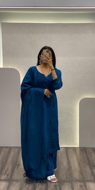 Beautiful Blue Color Maslin Thread Embroidery Salwar Suit