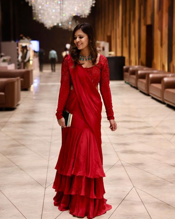 Beautiful Red Color Chinon silk Thread Sequence Lehenga Saree