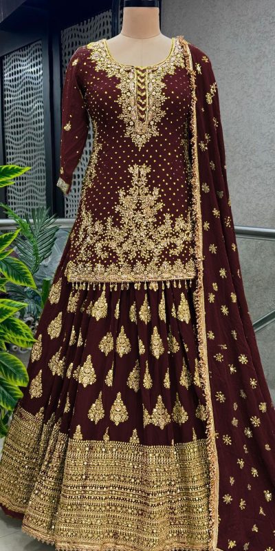 Captivating Maroon Color Chinnon Silk Embroidery Lehenga Choli