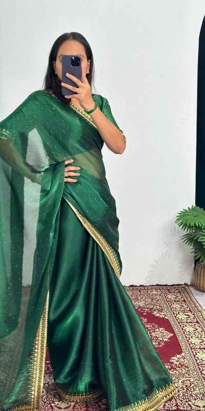 Classic Green Color Burberry Foil And Zari Embroidery Work Saree