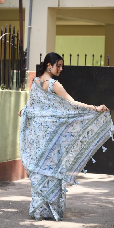 Classic Light Blue Color Linen Beautiful Digital Printed Work Saree