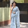 Light Blue Linen Digital Printed Work Saree