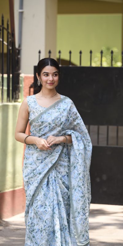 Classic Light Blue Color Linen Beautiful Digital Printed Work Saree