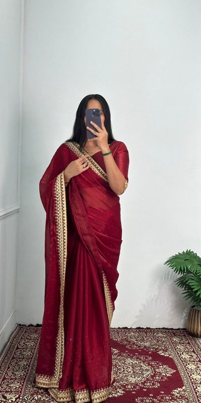 Classic Red Color Burberry Foil And Zari Embroidery Work Saree