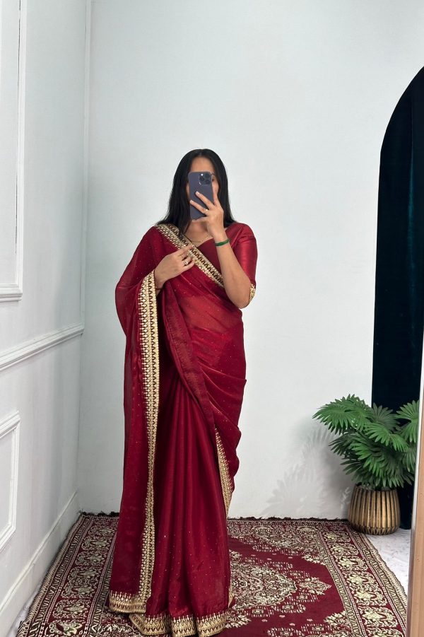 Classic Red Color Burberry Foil And Zari Embroidery Work Saree