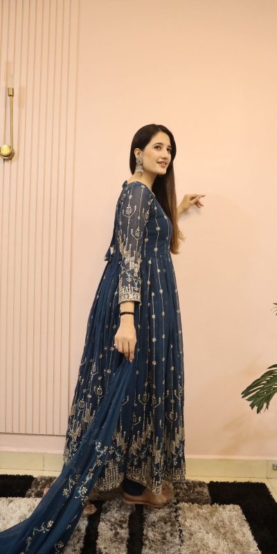 Classic Royal Blue Color Georgette Sequence Embroidery Gown