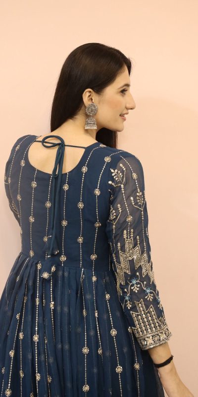 Classic Royal Blue Color Georgette Sequence Embroidery Gown