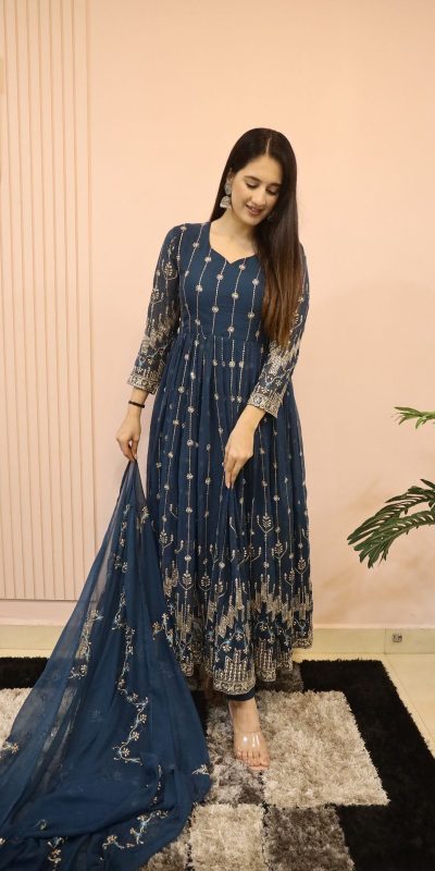Classic Royal Blue Color Georgette Sequence Embroidery Gown