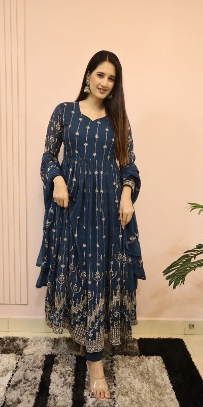 Classic Royal Blue Color Georgette Sequence Embroidery Gown