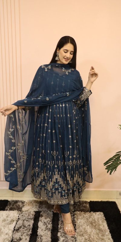 Classic Royal Blue Color Georgette Sequence Embroidery Gown