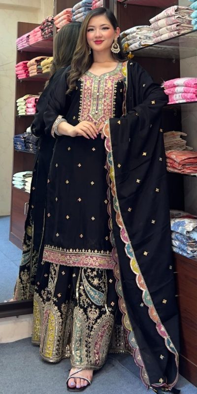 Cute Black Color Chinnon Silk Embroidery Sequence Salwar Suit