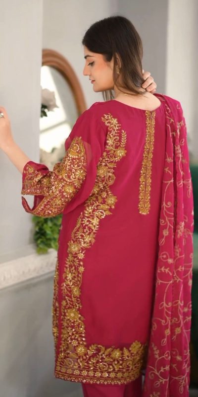 Cute Pink Color Faux Georgette Embroidery Sequence Work Salwar Suit