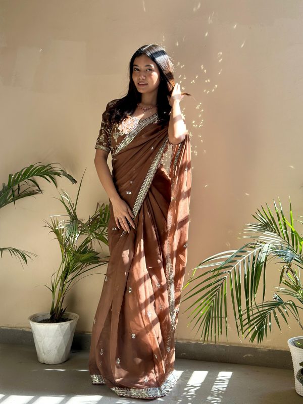 Dazzling Brown Color Pure Soft Organza Embroidery Zari Saree