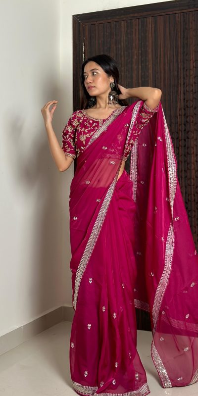 Dazzling Pink Color Pure Soft Organza Embroidery Zari Saree