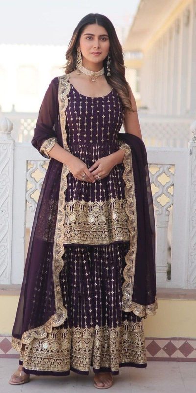 Dazzling Wine Color Georgette Sequence Embroidery Salwar Suit