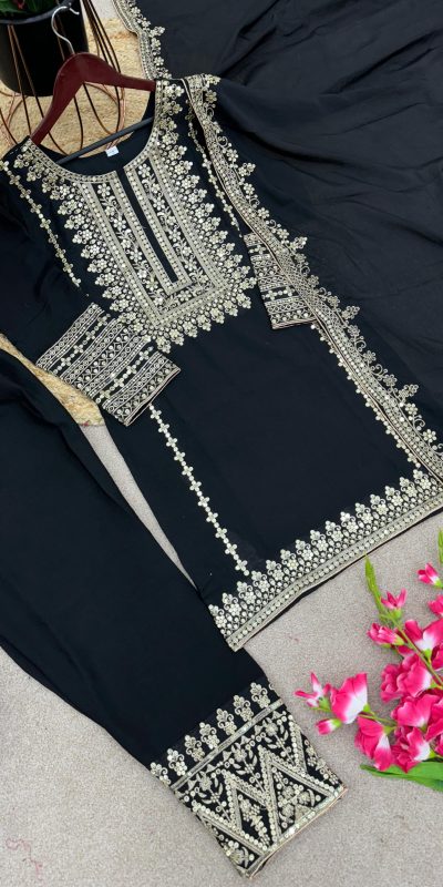 Elegant Black Color Pure Chinnon Silk Embroidery Salwar Suit