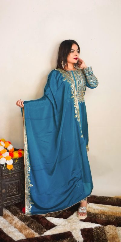 Elegant Blue Color Pure Chinnon Silk Embroidery Salwar Suit