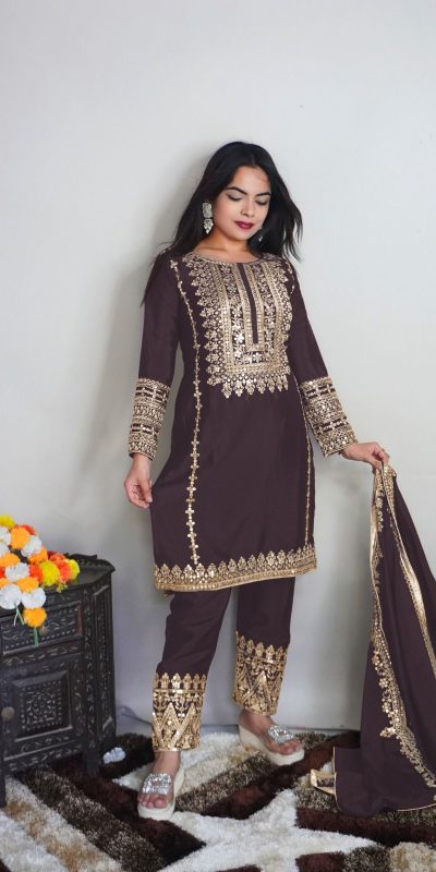 Elegant Coffee Color Pure Chinnon Silk Embroidery Salwar Suit