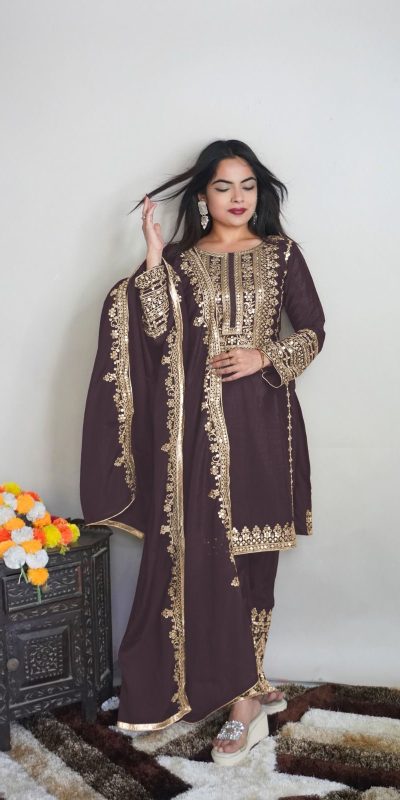 Elegant Coffee Color Pure Chinnon Silk Embroidery Salwar Suit
