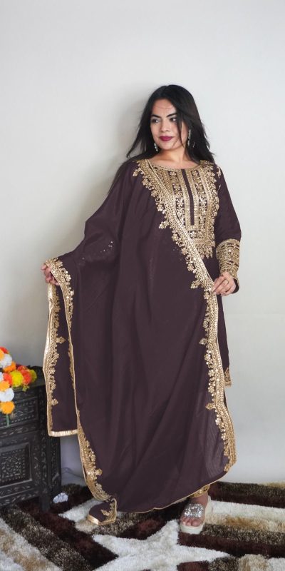 Elegant Coffee Color Pure Chinnon Silk Embroidery Salwar Suit