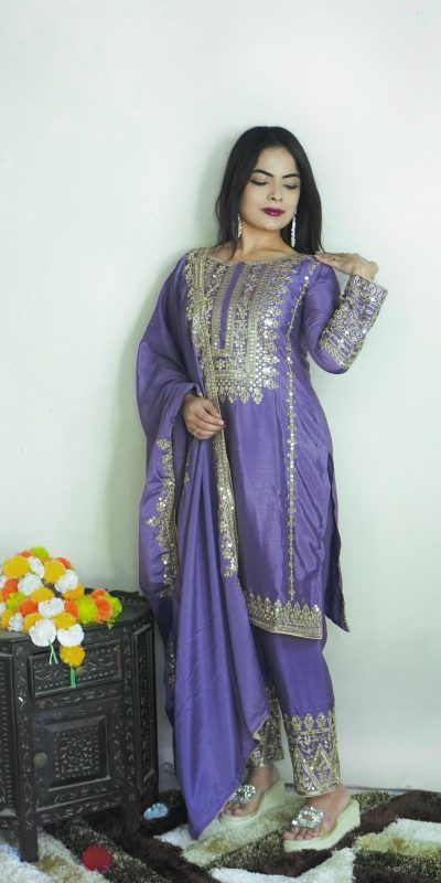 Elegant Dark Violet Color Pure Chinnon Silk Embroidery Salwar Suit