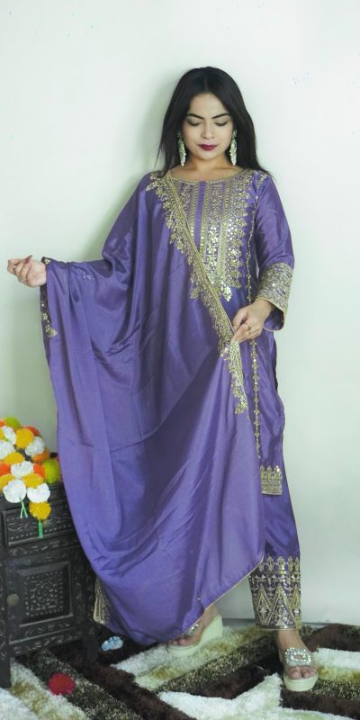 Elegant Dark Violet Color Pure Chinnon Silk Embroidery Salwar Suit
