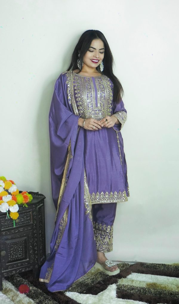 Elegant Dark Violet Color Pure Chinnon Silk Embroidery Salwar Suit