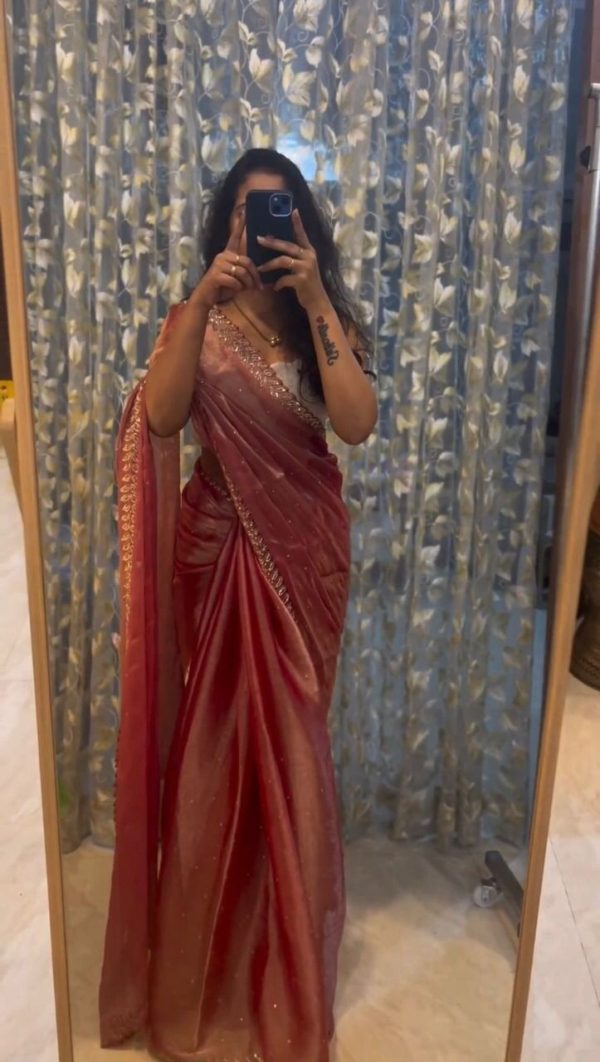 Elegant Peach Color Soft Jimmy Choo Embroidery Sequence Saree