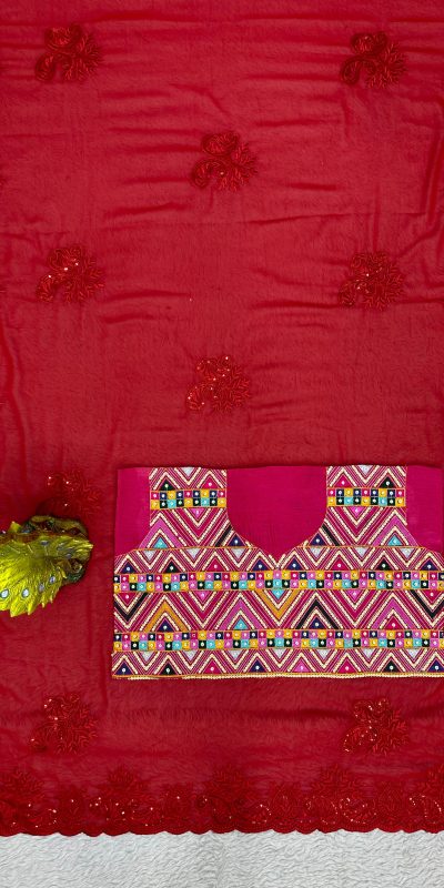 Elegant Red Color Faux Georgette Thread With Sequence Saree