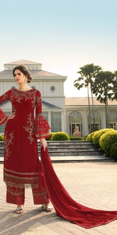 Elegant Red Color Georgette Embroidered Sequence Salwar Suit