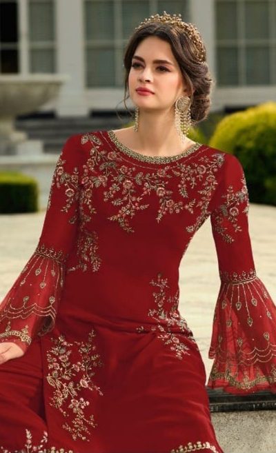 Elegant Red Color Georgette Embroidered Sequence Salwar Suit
